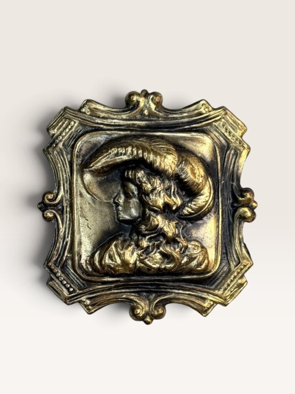 Georgian Revival Embossed Brass Lady Portrait Brooch 1930s Georgian Revival